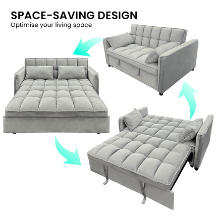 Sarantino Quincy 2-Seater Velvet Sofa Bed in Light Grey with Wooden Frame and Tufted Design.