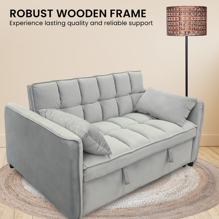 Sarantino Quincy 2-Seater Velvet Sofa Bed in Light Grey with Wooden Frame and Tufted Design.