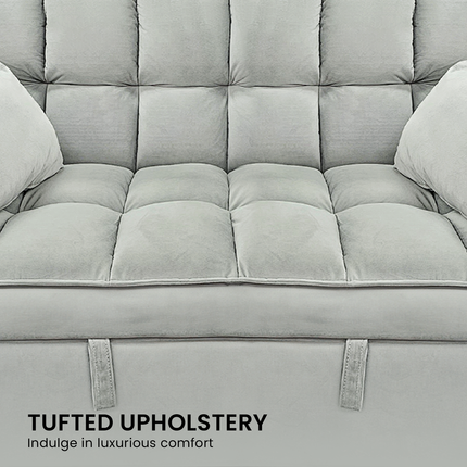 Sarantino Quincy 2-Seater Velvet Sofa Bed in Light Grey with Wooden Frame and Tufted Design.