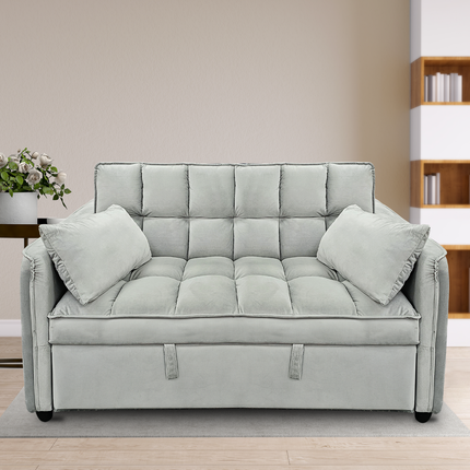 Sarantino Quincy 2-Seater Velvet Sofa Bed in Light Grey with Wooden Frame and Tufted Design.