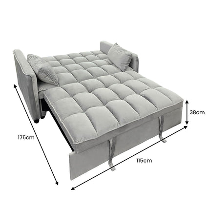 Sarantino Quincy 2-Seater Velvet Sofa Bed in Light Grey with Wooden Frame and Tufted Design.