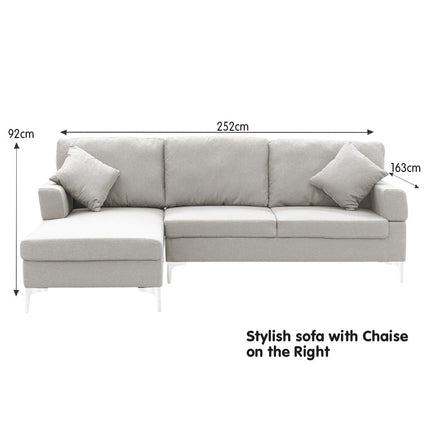 Sarantino Linen Corner Sofa Couch Lounge L-shape W/right Chaise Seat Light Grey.