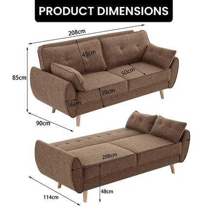 Sarantino 3 Seater Modular Linen Fabric Sofa Bed Couch Futon Suite - Brown.