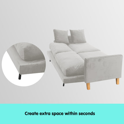 Sarantino 3 Seater Faux Velvet Sofa Bed Couch Furniture Light Grey.