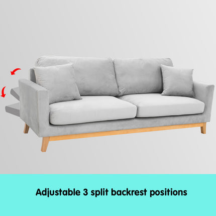 Sarantino 3 Seater Faux Velvet Sofa Bed Couch Furniture Light Grey.
