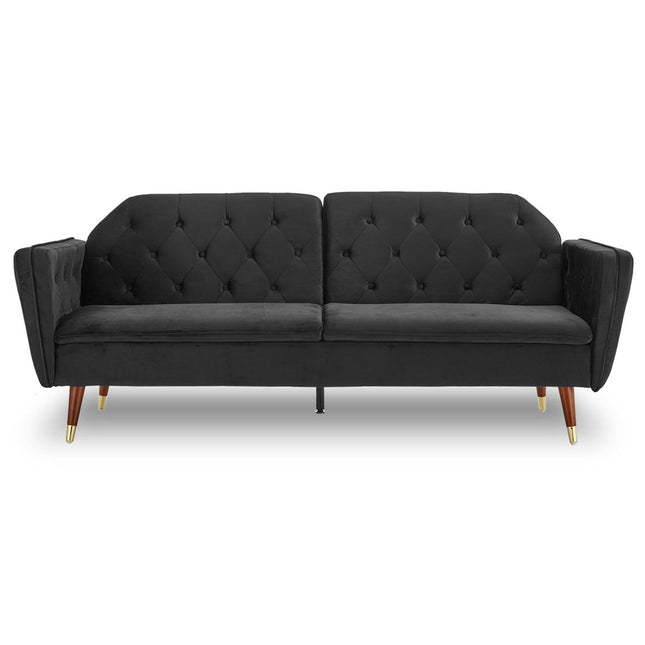 Sarantino Faux Velvet Tufted Sofa Bed Couch Futon - Black.