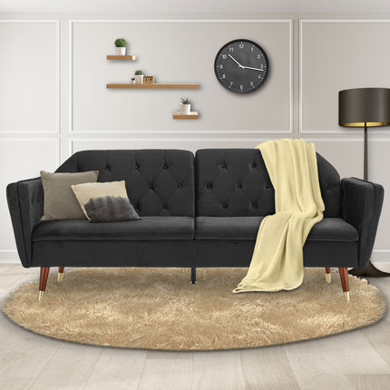 Sarantino Faux Velvet Tufted Sofa Bed Couch Futon - Black.