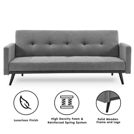 Sarantino Tufted Faux Linen 3-Seater Sofa Bed with Armrests - Light Grey.