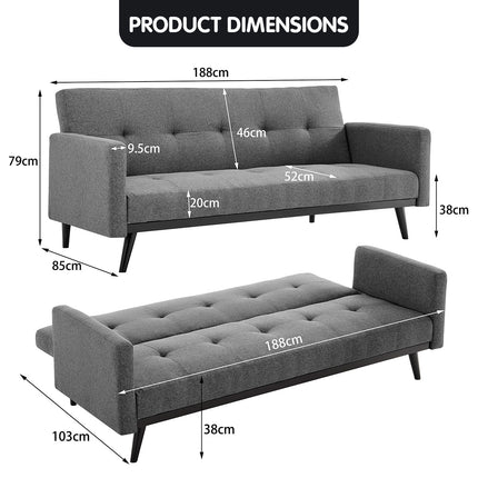 Sarantino Tufted Faux Linen 3-Seater Sofa Bed with Armrests - Light Grey.