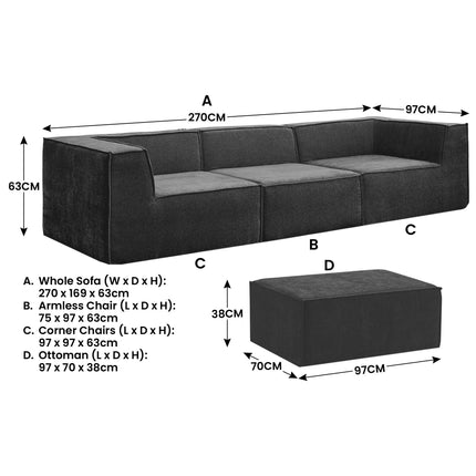 Sarantino Novi 3-Seater Modular Sofa with Ottoman in Black Non-Slip Bottom Lounge.