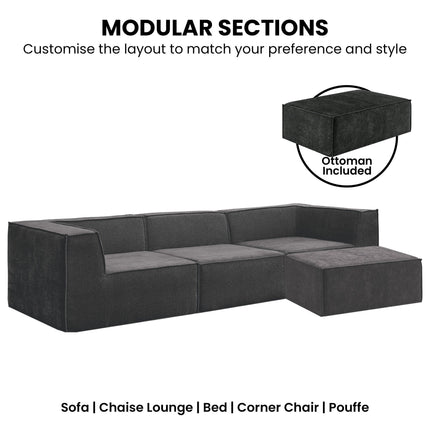 Sarantino Novi 3-Seater Modular Sofa with Ottoman in Black Non-Slip Bottom Lounge.