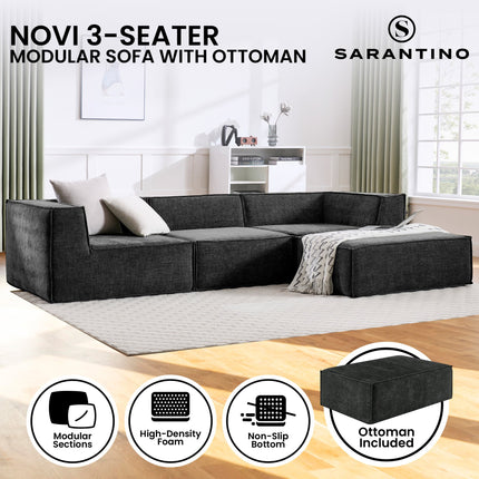 Sarantino Novi 3-Seater Modular Sofa with Ottoman in Black Non-Slip Bottom Lounge.