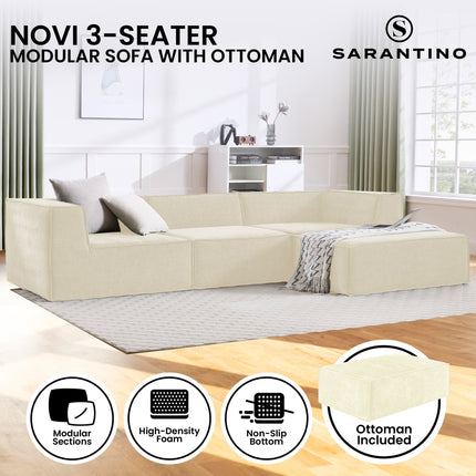 Sarantino Novi 3-Seater Modular Sofa with Ottoman in Cream Non-Slip Bottom Lounge.