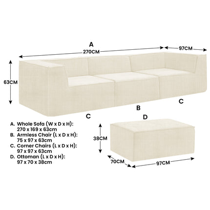 Sarantino Novi 3-Seater Modular Sofa with Ottoman in Cream Non-Slip Bottom Lounge.