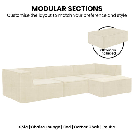 Sarantino Novi 3-Seater Modular Sofa with Ottoman in Cream Non-Slip Bottom Lounge.