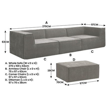 Sarantino Novi 3-Seater Modular Sofa with Ottoman in Grey Non-Slip Bottom Lounge.