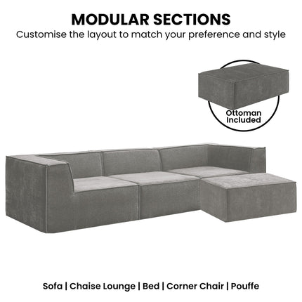 Sarantino Novi 3-Seater Modular Sofa with Ottoman in Grey Non-Slip Bottom Lounge.