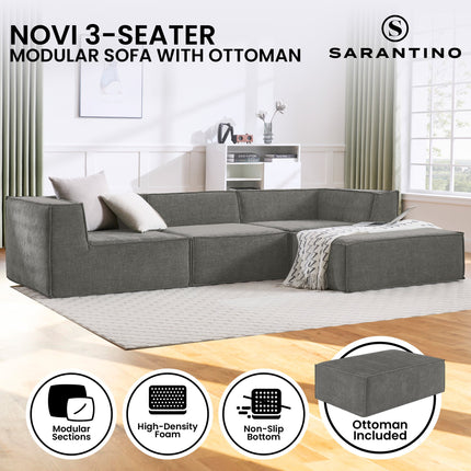 Sarantino Novi 3-Seater Modular Sofa with Ottoman in Grey Non-Slip Bottom Lounge.
