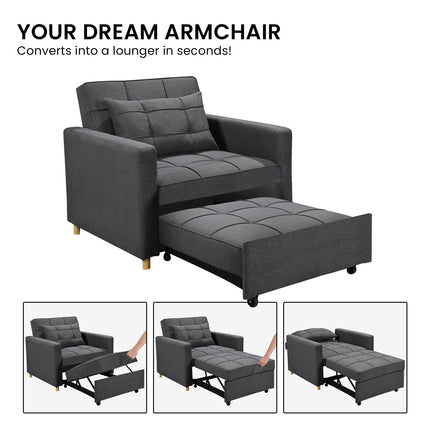 Sarantino Suri 3-in-1 Convertible Lounge Chair Bed - Dark Grey.