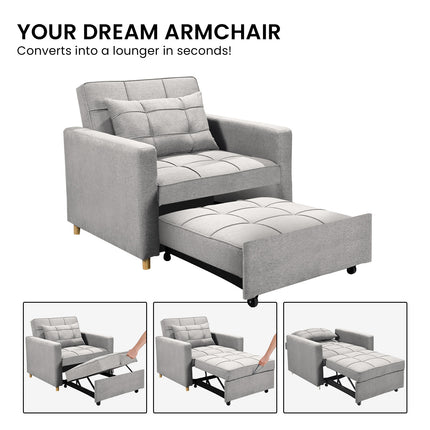 Sarantino Suri 3-in-1 Convertible Sofa Chair Bed Lounger - Light Grey.
