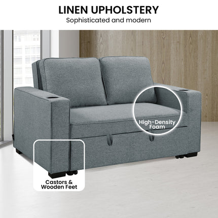 Sarantino Hoffman Linen Sofa Bed with Cushions & Cup Holders Airforce Blue.