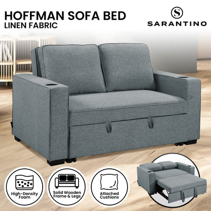 Sarantino Hoffman Linen Sofa Bed with Cushions & Cup Holders Airforce Blue.