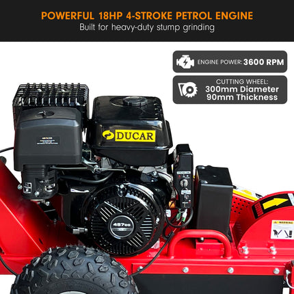 Ducar Stump Grinder 457cc 18HP Petrol Engine with Key Start & Tungsten Carbide Teeth.