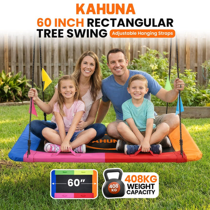 Kahuna Heavy Duty 60 Inch Rectangular Tree Swing With Adjustable 180cm Lifting Ropes Foam Padded Tubes And Full Accessory Kit For Backyard Family Use.