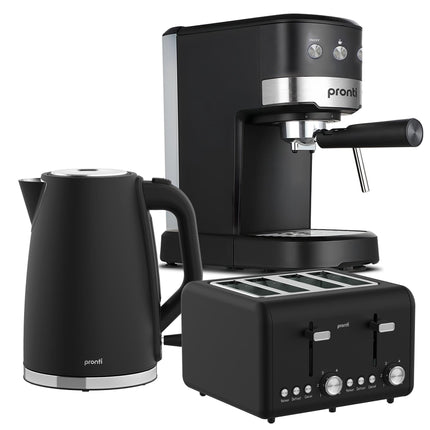 Pronti Breakfast Set with 1.25L Coffee Machine, Silver Noir Toaster & Kettle.