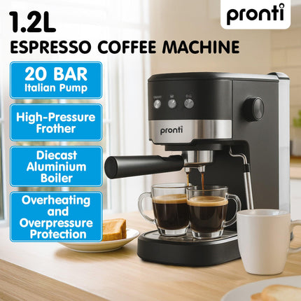 Pronti Breakfast Set with 1.25L Coffee Machine, Silver Noir Toaster & Kettle.