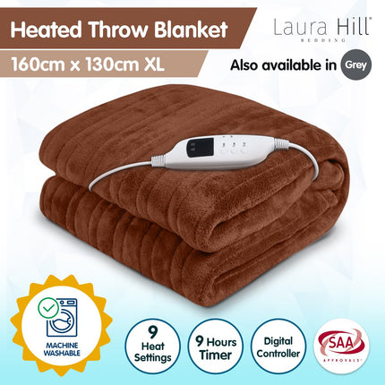 Laura Hill Heated Electric Blanket Throw Rug Coral Warm Fleece Brown.