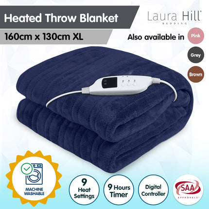 Laura Hill Heated Electric Blanket Coral Warm Fleece Winter Blue.