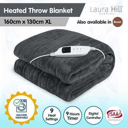 Laura Hill Heated Electric Blanket Throw Rug Coral Warm Fleece Grey.