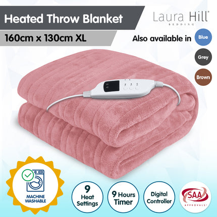 Laura Hill Heated Electric Blanket Throw Rug Coral Warm Fleece Pink.