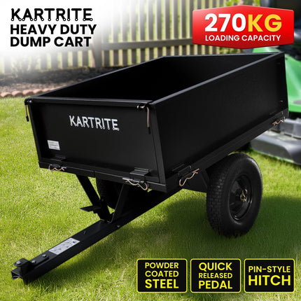 Kartrite Heavy Duty Dump Cart 270kg Capacity Pneumatic Tyres Quick Release Pedal Removable Tailgate Trailer for Garden.