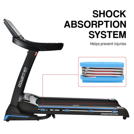 Powertrain V1200 Treadmill with Shock-Absorbing System.