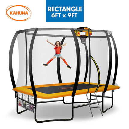 Kahuna 6 Ft X 9 Ft Rectangular Outdoor Trampoline With LED Basketball Set Orange.
