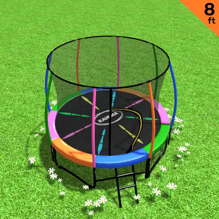 Kahuna 8ft Outdoor Rainbow Trampoline For Kids And Children Suited For Fitness Exercise Gymnastics With Safety Enclosure.