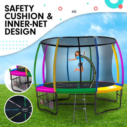 Kahuna 8ft Outdoor Rainbow Trampoline For Kids And Children Suited For Fitness Exercise Gymnastics With Safety Enclosure.