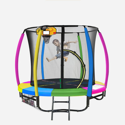 Kahuna 8ft Outdoor Trampoline Kids Children With Safety Enclosure Mat Pad Net Ladder Basketball Hoop Set - Rainbow.