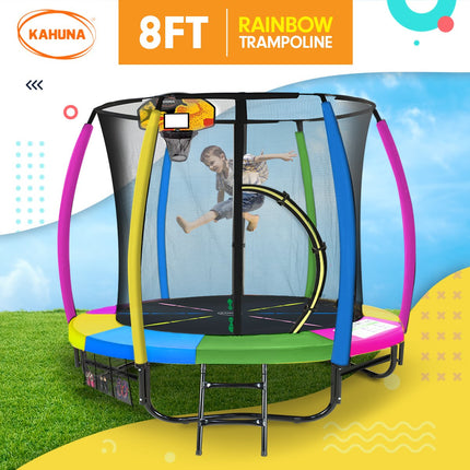 Kahuna 8ft Outdoor Trampoline Kids Children With Safety Enclosure Mat Pad Net Ladder Basketball Hoop Set - Rainbow.
