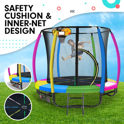 Kahuna 8ft Outdoor Trampoline Kids Children With Safety Enclosure Mat Pad Net Ladder Basketball Hoop Set - Rainbow.