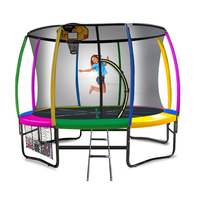 Kahuna 10ft Outdoor Trampoline Kids Children With Safety Enclosure Pad Mat Ladder Basketball Hoop Set - Rainbow.