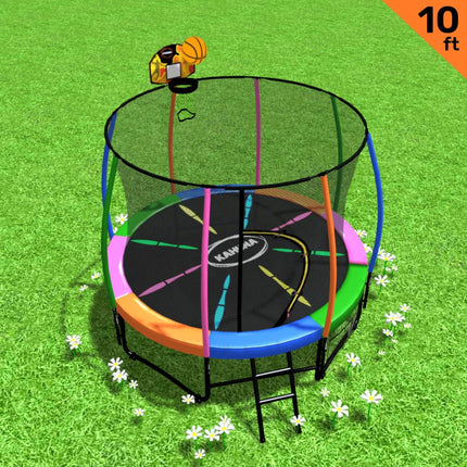 Kahuna 10ft Outdoor Trampoline Kids Children With Safety Enclosure Pad Mat Ladder Basketball Hoop Set - Rainbow.