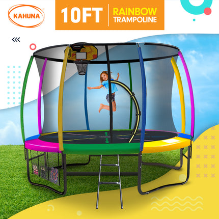 Kahuna 10ft Outdoor Trampoline Kids Children With Safety Enclosure Pad Mat Ladder Basketball Hoop Set - Rainbow.