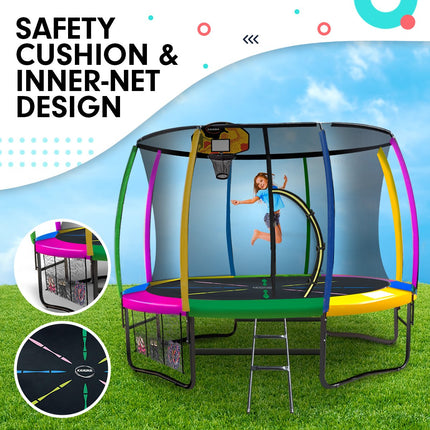 Kahuna 10ft Outdoor Trampoline Kids Children With Safety Enclosure Pad Mat Ladder Basketball Hoop Set - Rainbow.