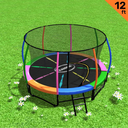 Kahuna 12ft Trampoline Free Ladder Spring Mat Net Safety Pad Cover Round Enclosure - Rainbow.
