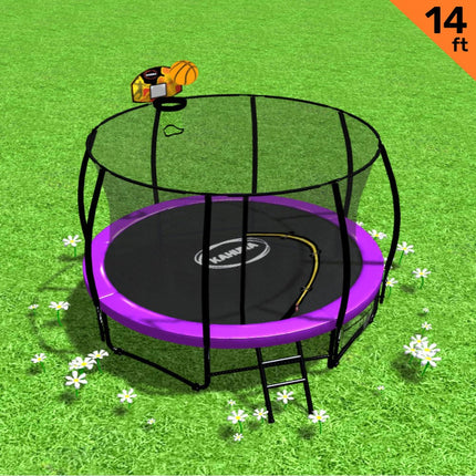Kahuna 14ft Outdoor Trampoline Kids Children With Safety Enclosure Pad Mat Ladder Basketball Hoop Set - Purple.