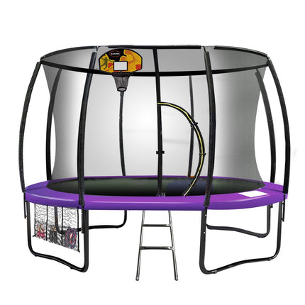 Kahuna 14ft Outdoor Trampoline Kids Children With Safety Enclosure Pad Mat Ladder Basketball Hoop Set - Purple.