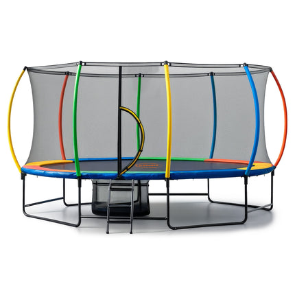 Kahuna 10 ft x 15 ft Oval Outdoor Trampoline with Reversible Rainbow & Orange Safety Pad Safety Net and Ladder.
